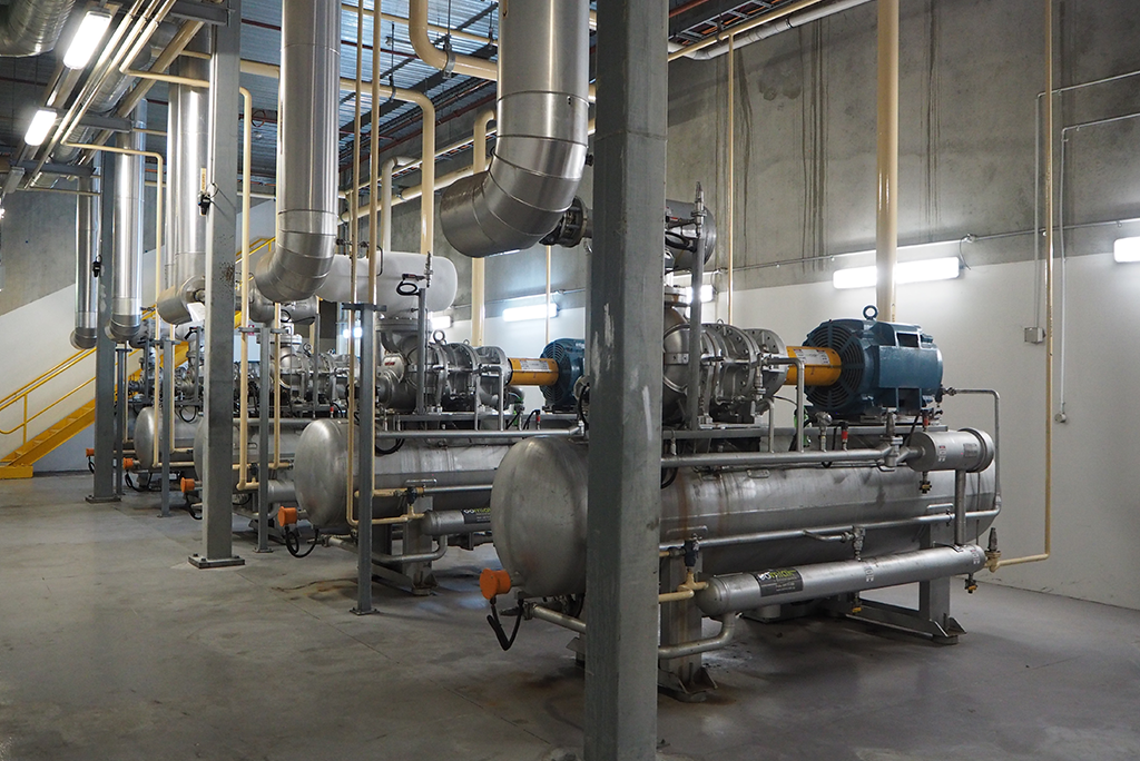 an industrial refrigeration plantroom with multiple compressors in a row